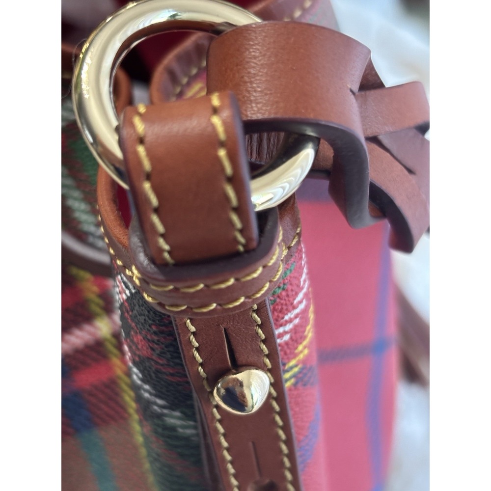 Dooney & Bourke Plaid Bucket Drawstring Shoulder Bag Red Green Tassel Logo - Picture 11 of 16